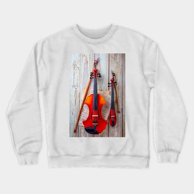 Pocket Violin With Baroque Hanging On Wooden Wall Crewneck Sweatshirt by photogarry